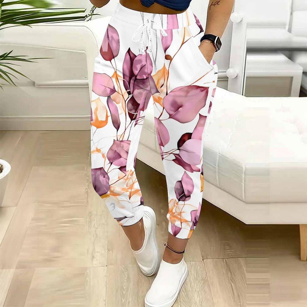 Summer Ladies Abstract Print Sweatpants Loose Fit Drawstring Joggers Elastic Cuff Daily Casual Pants