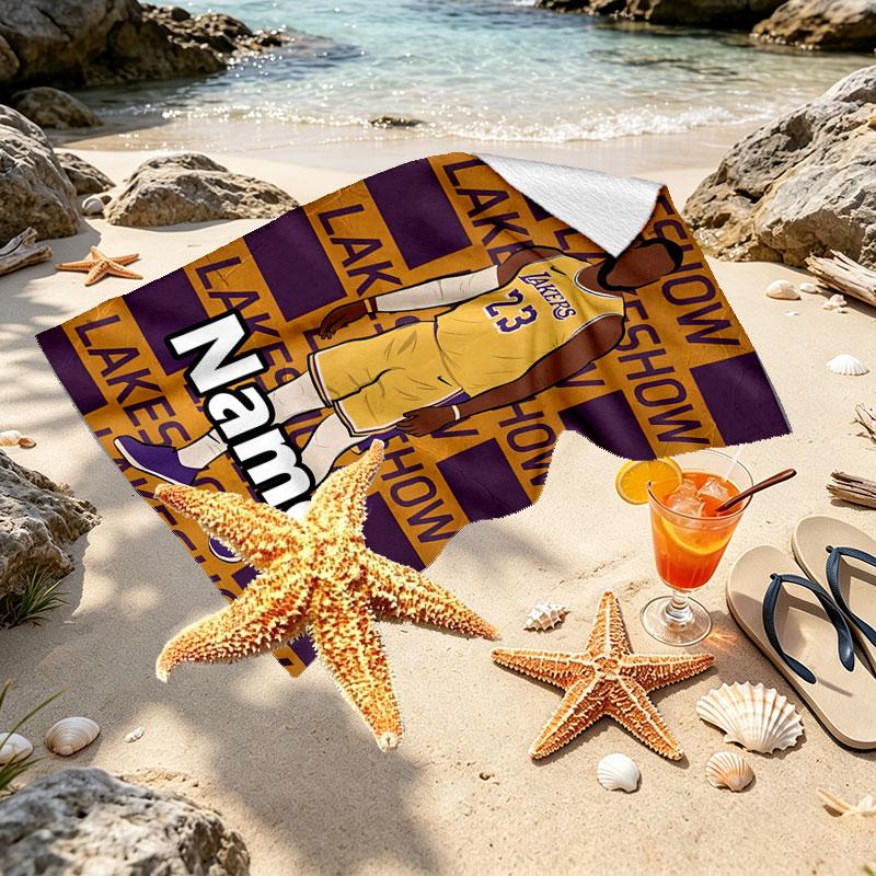 Custom Name Personalized Los Angeles Lakers basketball Print Beach Towel, for Trip Camping Beach Party Home Decor, Birthday Gift for Family & Friends