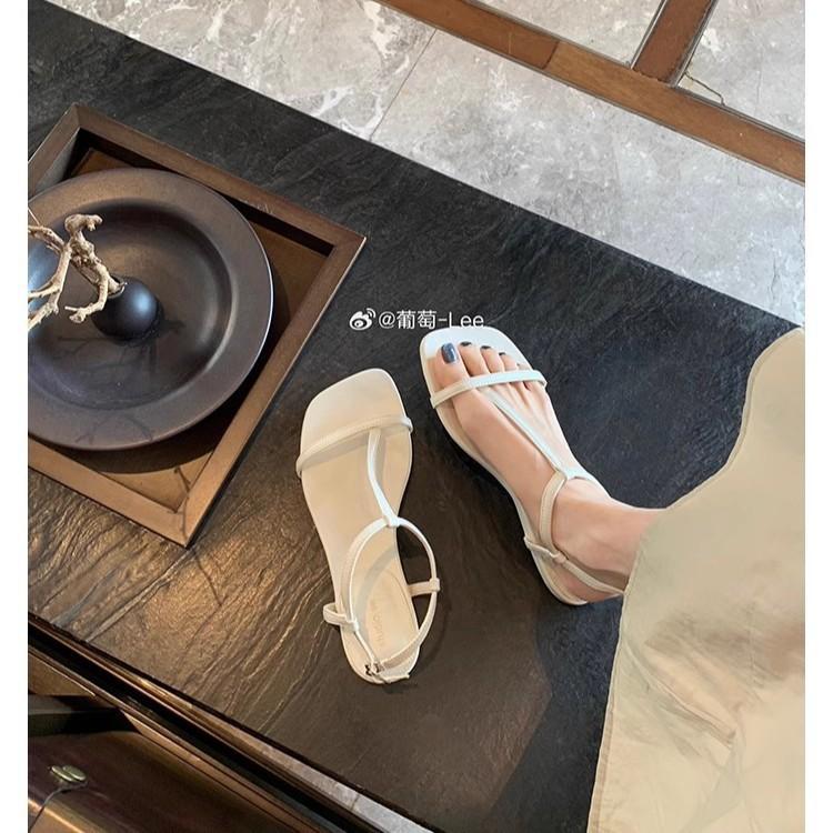 Cowhide version~ Grape mother, the same oblique cut square T-shaped with toes, versatile leather flat-soled sandals, women's new summer models