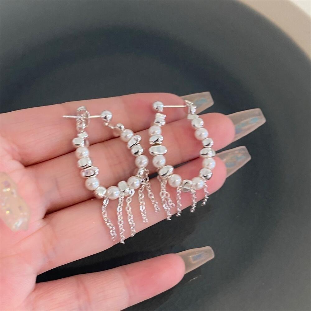 

Geometry Design Imitation Pearls Earrings Silvery Broken Stone Punk Earrings Trendy Accessories