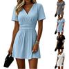 Damen Lässiges V-Ausschnitt Kurzarmkleid Wickelstil Gürtel Über dem Knie Länge Sommerkleid für den täglichen Gebrauch