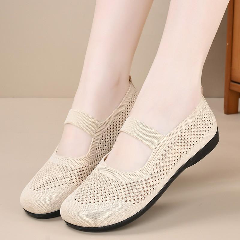 Womens Breathable Mesh Flat Slip-On Shoes Comfort - Low Heel Round Toe Casual Walking