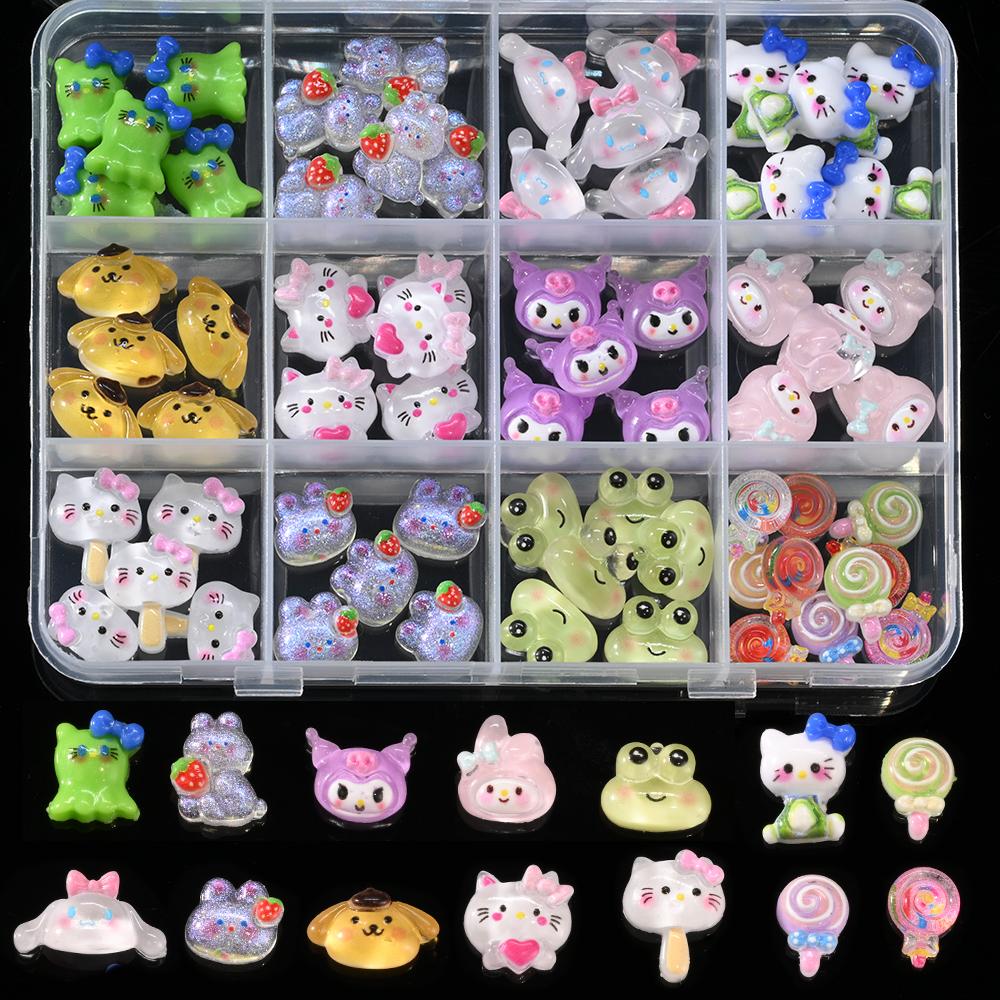 12 Grids Hawaii Black Skin Hello Kitty Nail Charms Summer Vibe Coconut Dolphin Acrylic Nail Art Decoration Manicure Accessories