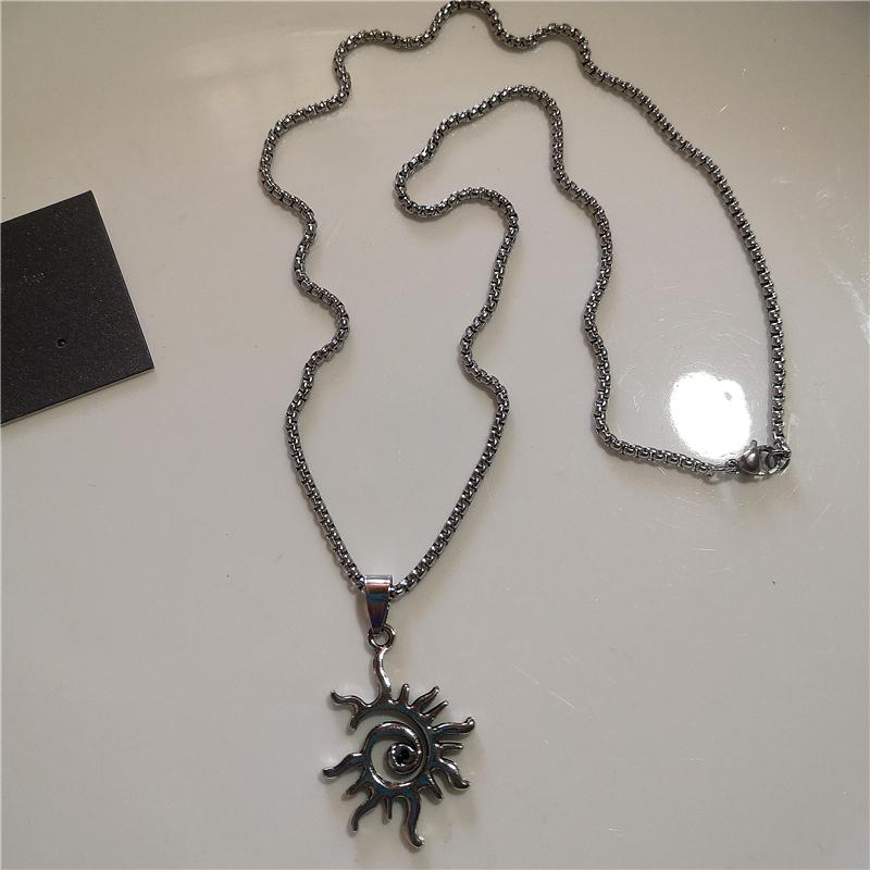 Silver Color Spiral Vortex Sun Pendant Long Chain Necklace For Women Men Punk Rock Charm Hip Hop Vintage Grunge Goth Accessories