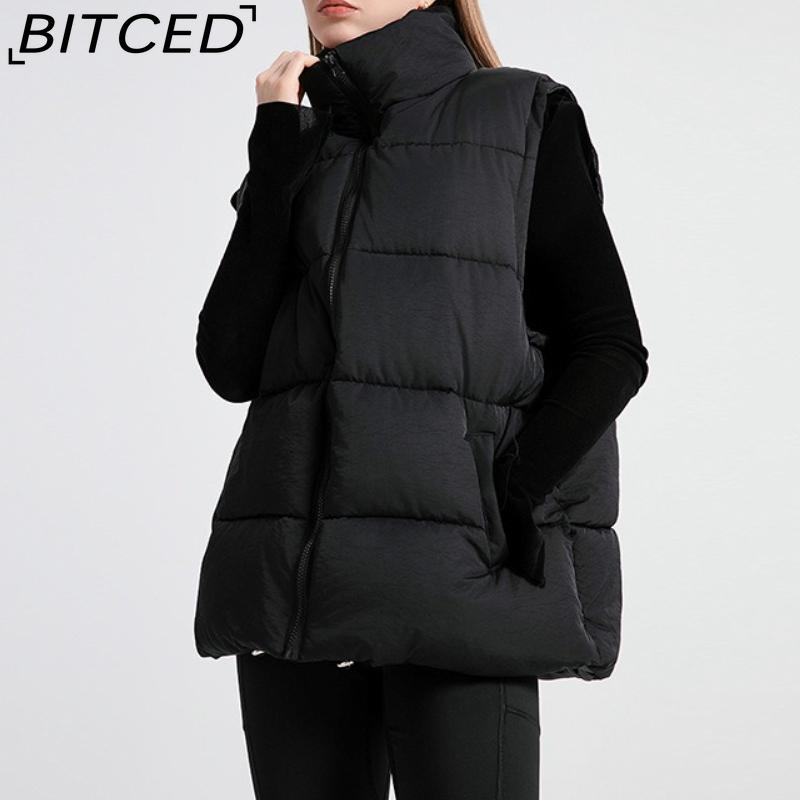 BITCED Women's Autumn/Winter Sleeveless Cotton Coat Mid-Length Stand Collar Thermal Down-Filled Cotton Vest Thickened Waistcoat Outerwear