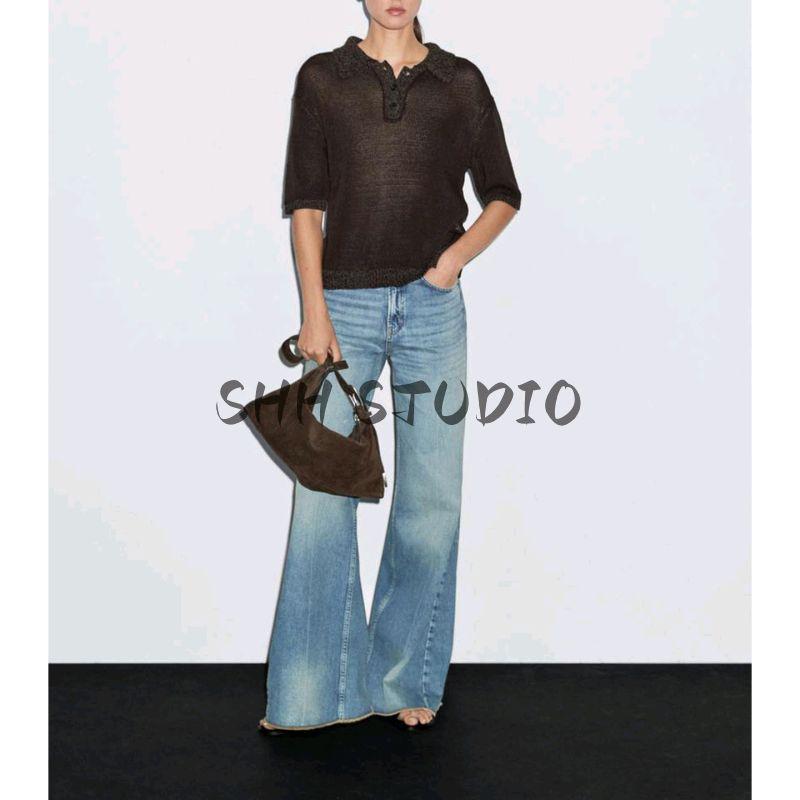 MD Early Autumn New Women Clothes Intelligent Commuter Style Slightly Transparent Hollow Cotton Short Sleeve Knitted Polo Shirt 5627826