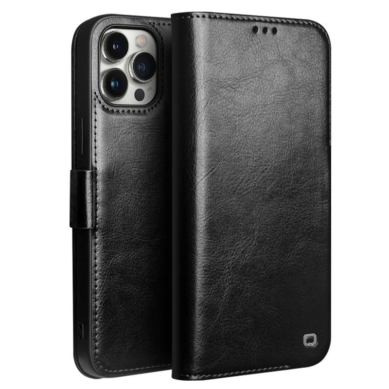 

QIALINO For iPhone 12/12 Pro Case Anti-Drop Stand Shell Genuine Cow Leather Phone Cover Black