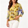 Women's Vintage Floral Print Button Front Henley Collar Shirt Three Quarter Sleeve Lightweight Cotton Linen Blouse