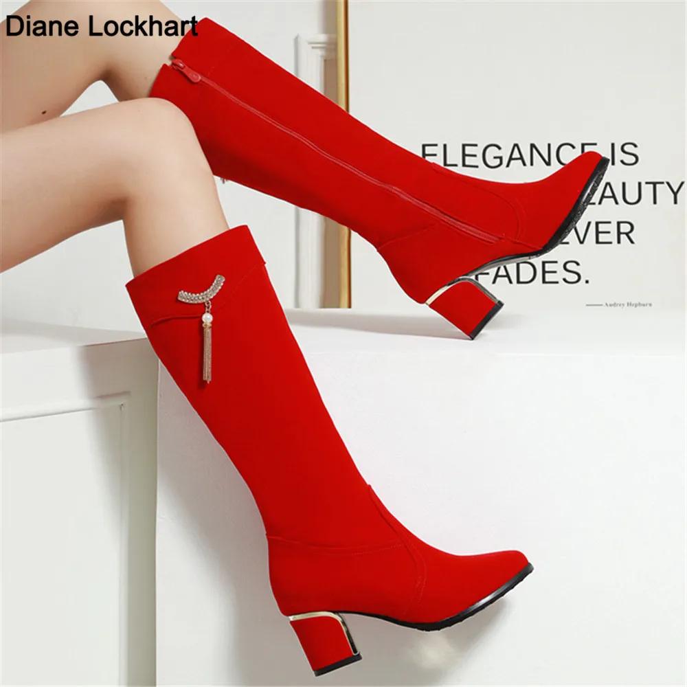 Fashion New Knee High Boots Women Shoes Ladies Fashion High Heels Winter Party Tassel Thick Bottine Mujer Large Size 32-43 Red Black