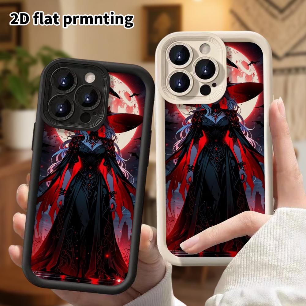Phone Case: 2D Flat Design Suitable for iPhone 18, 17, 16, 15, 14, 13 Pro Stepped Protective Case, Blood Moon Dark Witch, Christmas and Halloween Gift