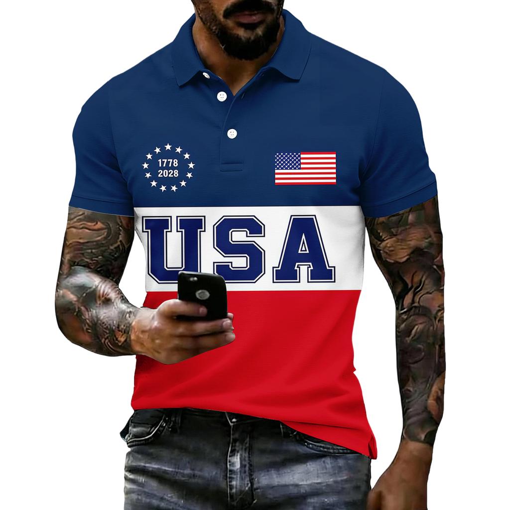 Men's Short Sleeve Polo Shirt 250th Anniversary Commemorative USA Flag Print Patriotic Sports Shirt 1776 to 2026 Celebration Apparel