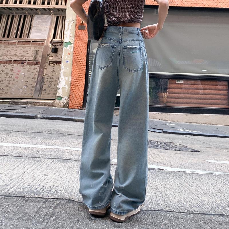 Autumn retro American worn design jeans women's loose drape high waist thin versatile wide leg floor pants