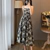 French Retro Ink and Wash Floral Tube Top Suspender Dress Women's Summer New Design Temperament Waist Long Skirt