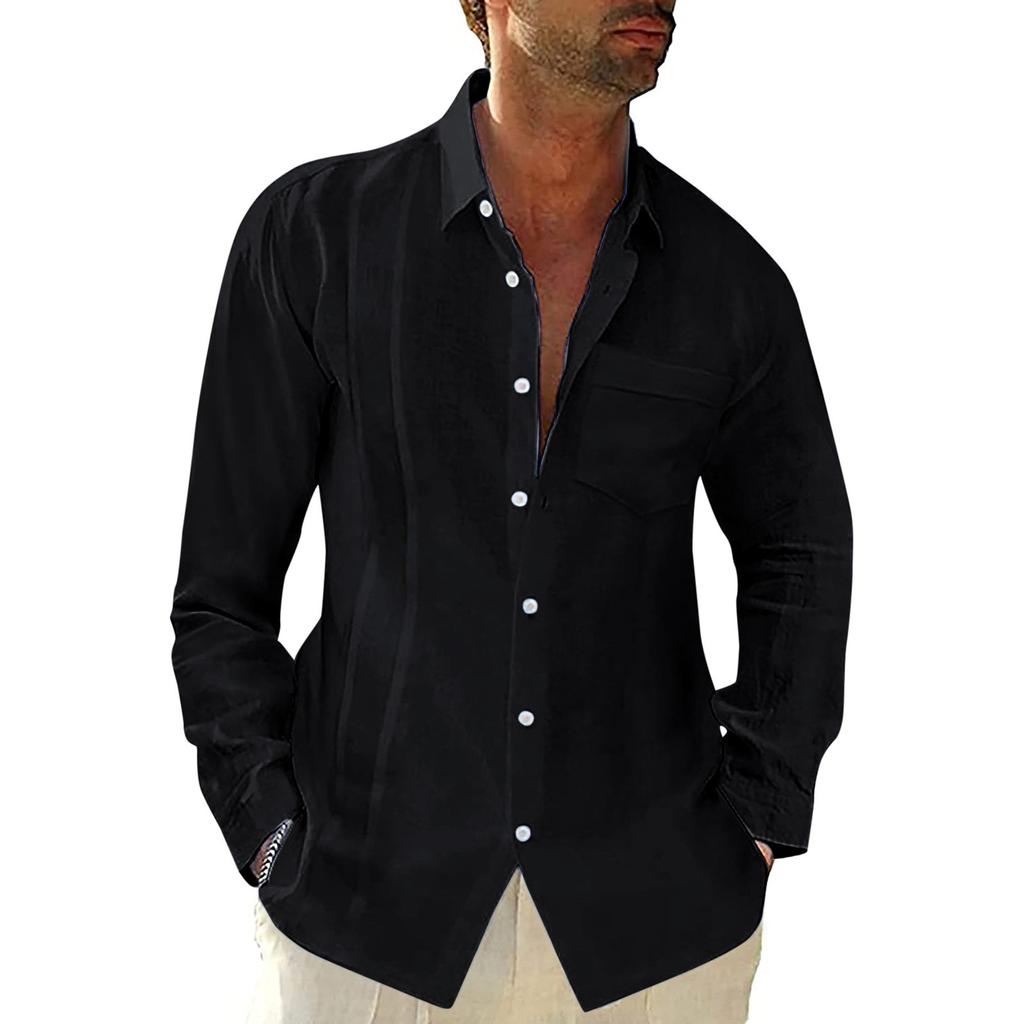 Mens Casual Loose Long Sleeve Cotton Color Shirt Lapel Neck Shirt Tops