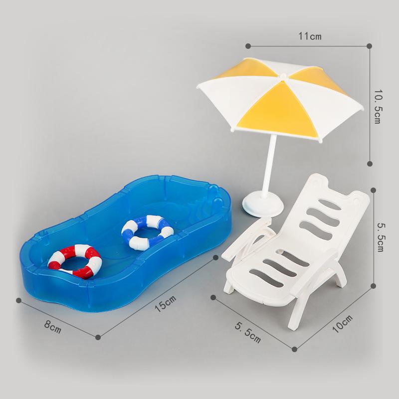 Miniature Doll Pool Set with Swim Ring, Coconut Tree, Sun Umbrella, and Beach Chair - Children's Toy Accessories
