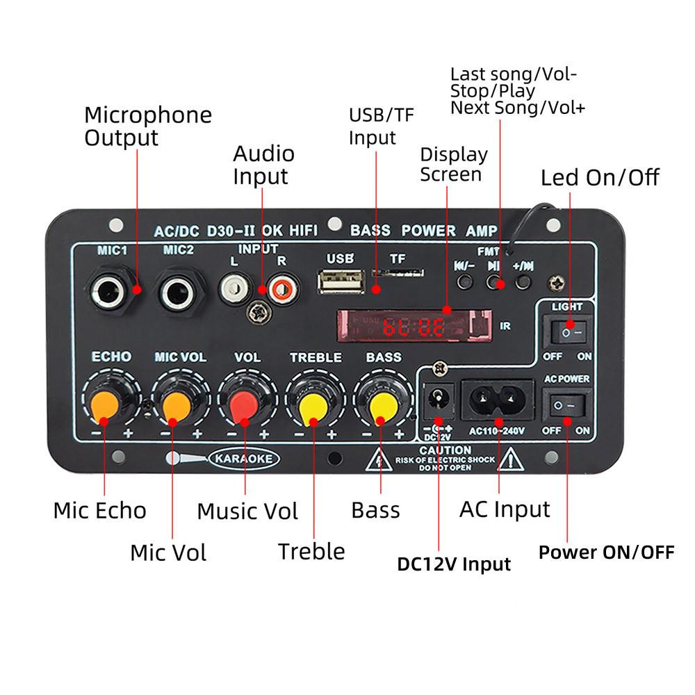110V 220V 12V Digitálna Bluetooth zosilňovačová doska Subwoofer Dvojitý mikrofón Karaoke zosilňovač Reproduktor Domáce kino DIY 30W