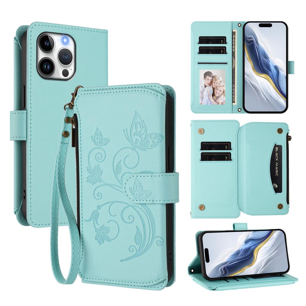 For iPhone 16 Pro Max Leather Case Butterfly Floral Imprint Zipper Wallet Stand Cover with Wrist Strap