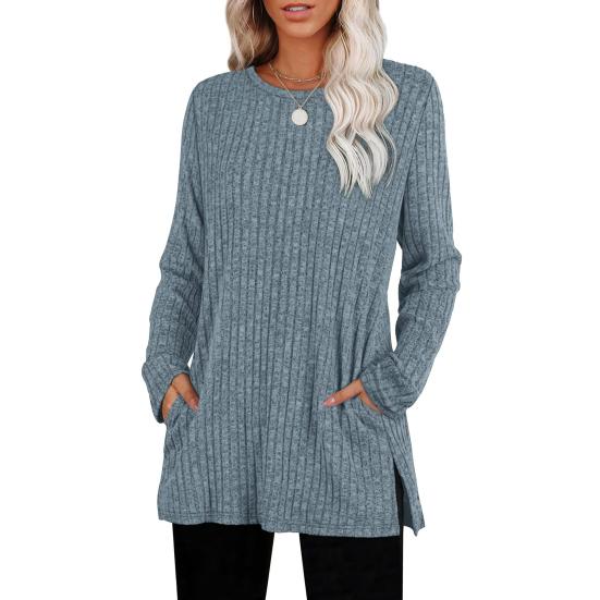 Tunique pour femme Tops Col rond Manches longues Tops en tricot avec poches latérales Couleur unie Décontracté Blouse rayée