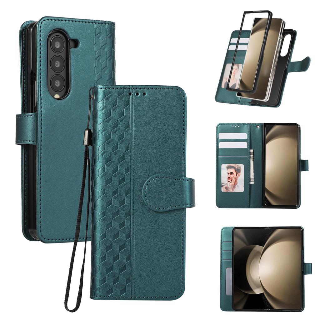 For Samsung Galaxy Z Fold7 5G Case 3D Rhombus Grid Imprinted Wallet Leather Phone Cover with Lanyard
