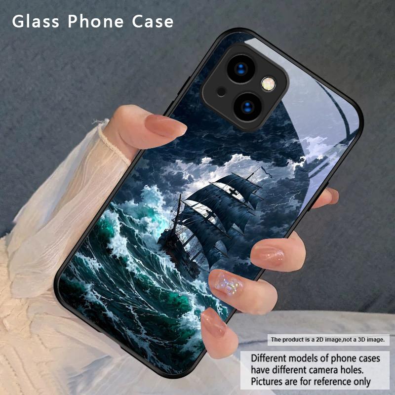 Sea storm small sailboat For iPhone 17 Pro Max 16 E 15 Plus 14 Pro 13 12mini 11 Air XS Max 5 6 7 8Plus SE Black Glass Phone Case