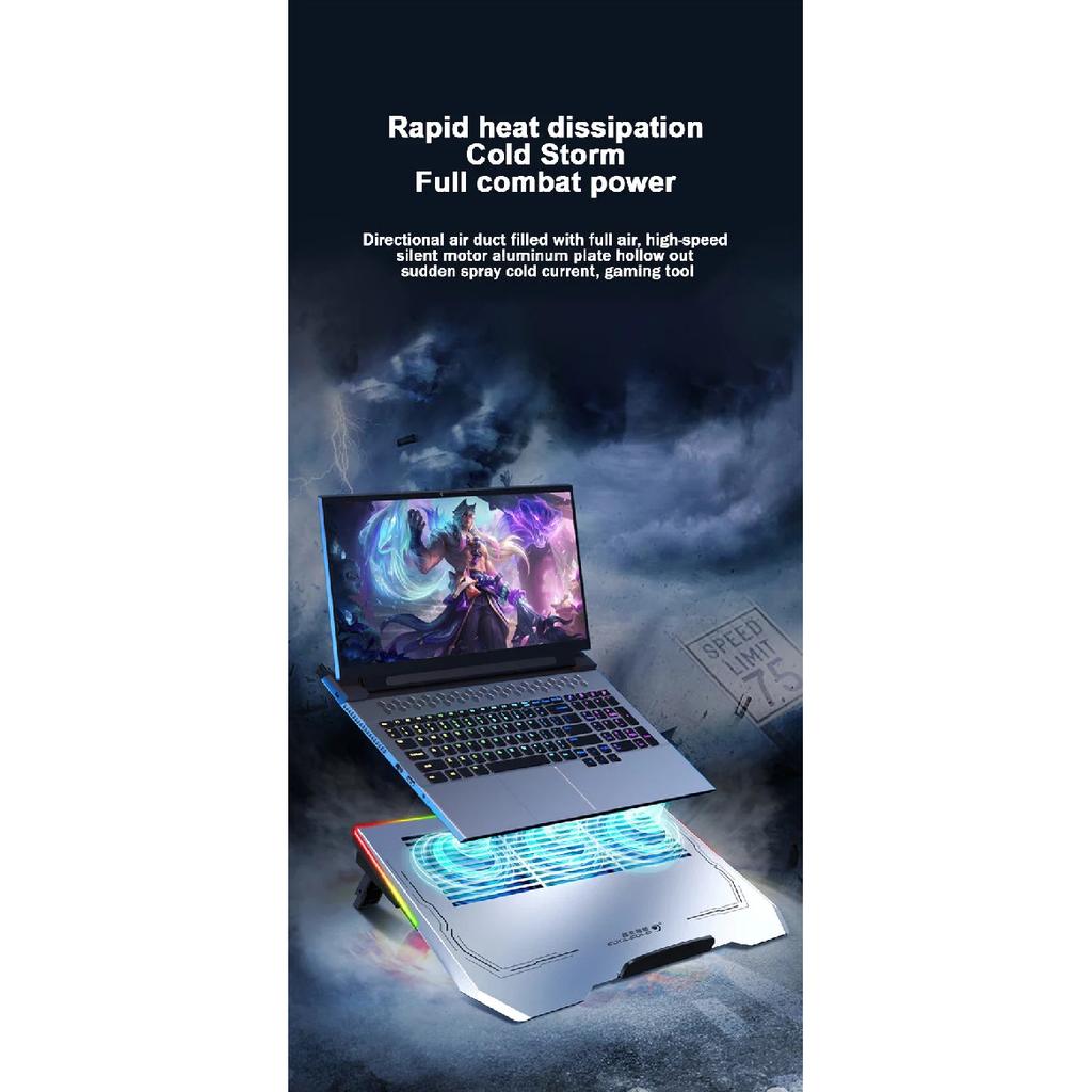 Ice Demon Notebook Air-cooled Cooling Pad with RGB Colorful Light 3 Fans Cooling Radiator Bracket Suit for 12.1-17.3 Inch Laptop