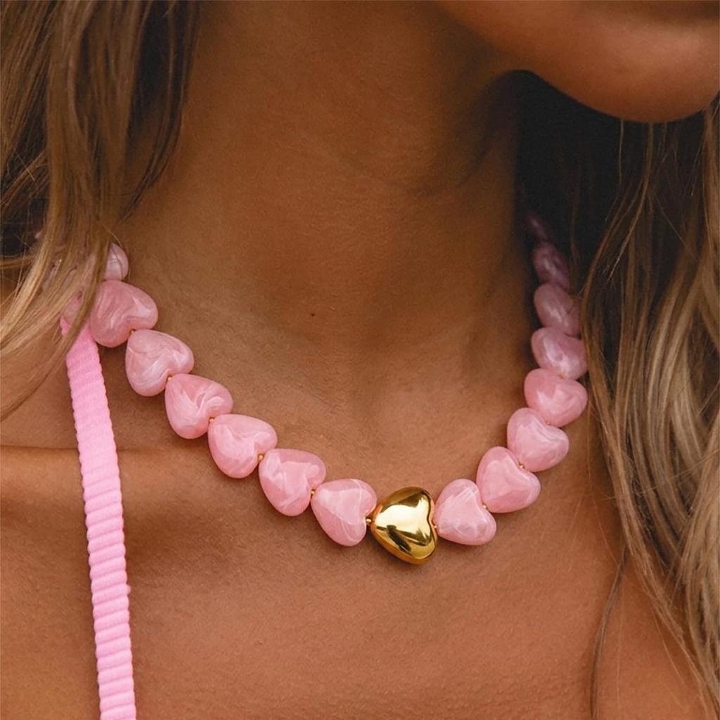 Multicolour Resin Heart Choker Necklace for Women Waterproof Stainless Steel Chunky Necklaces Fashion Jewelry Summer Beach Gifts