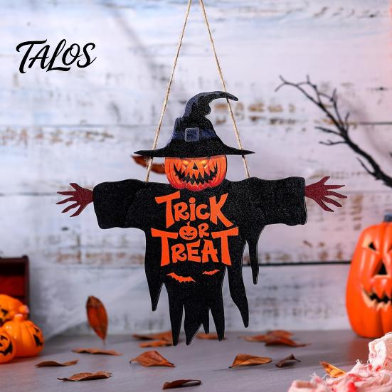 Natural Hemp Rope Pendant Halloween Wooden Hanging Door Sign, Scarecrow Pumpkin Wizard Ornament, Trick or Themed Decor Treat Plaque, Rustic Party Wall