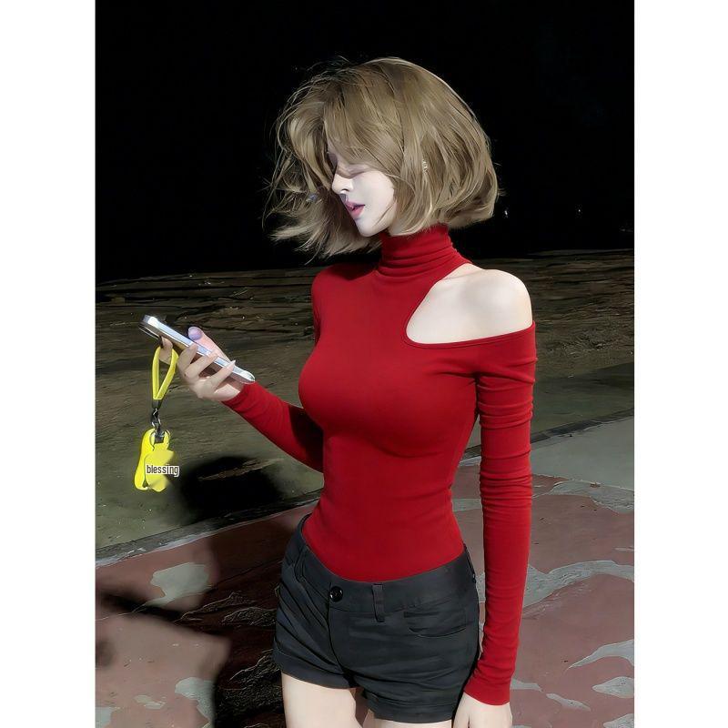 

Retro Hong Kong Style Off-Shoulder High Neck Top - 260g Cotton Modal, Slimming Fit. Large красный