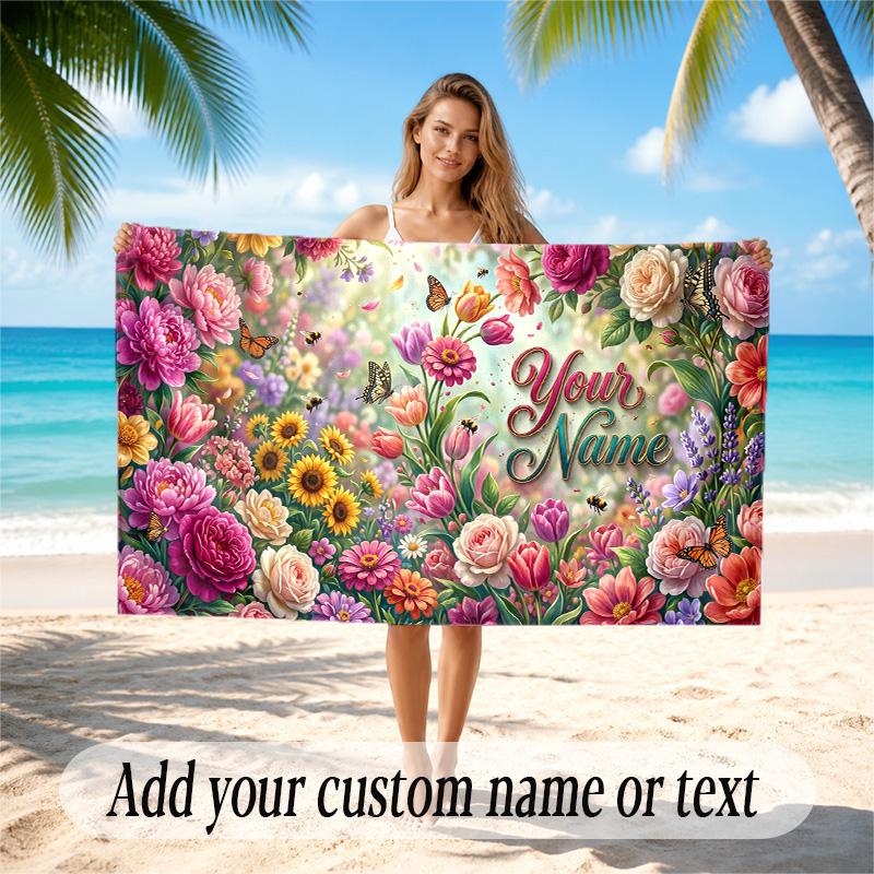 Floral Garden Theme Quick Dry Beach Towel Custom Name Text Print Large Sand Resistant Towel Beach Vacation