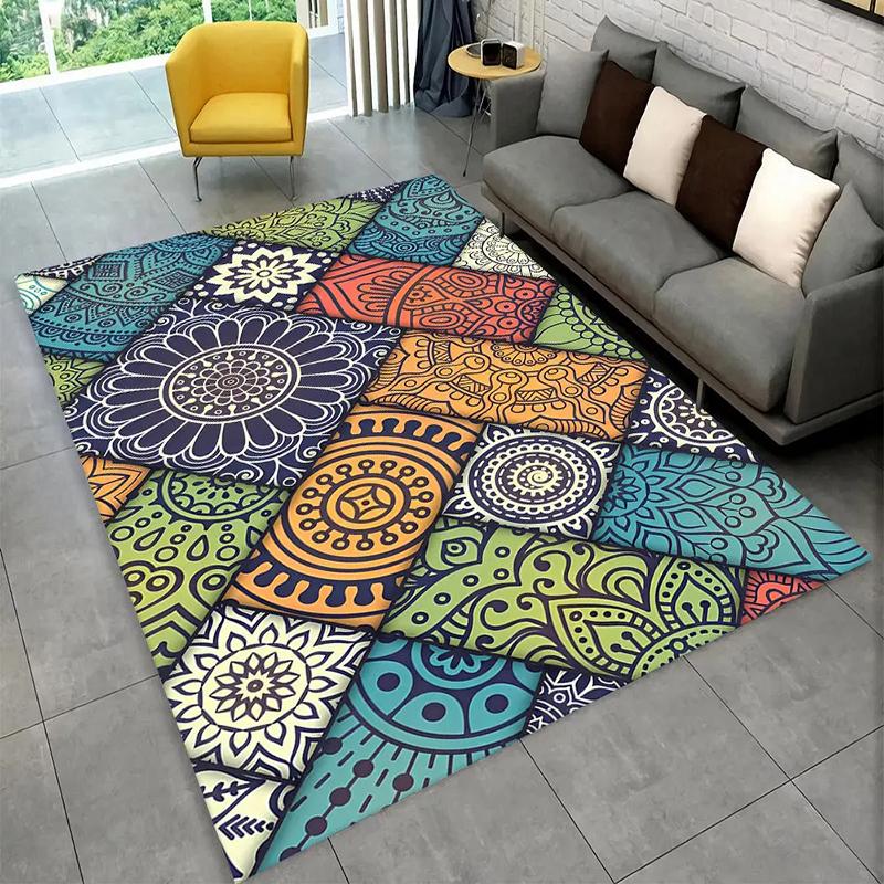 Bohemian Style Mandala Area Rug With Colorful Artistic Floral Geometric Patterns Soft Decorative Carpet For Living Room Bedroom