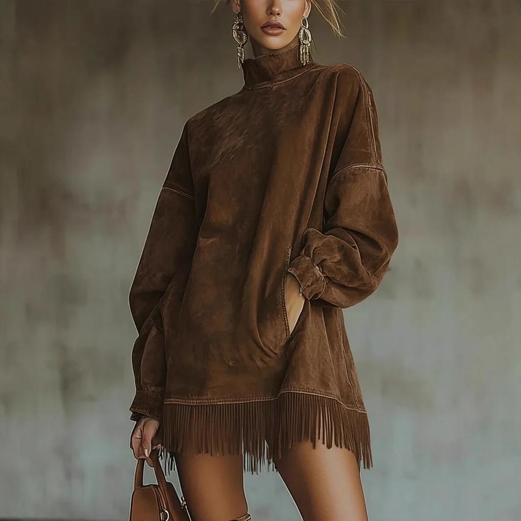 Women Vintage Dress Tassels Spliced Turtleneck Mini Dress Pockets Loose Long Sleeve Vestidos Solid Elegant Streetwear Autumn