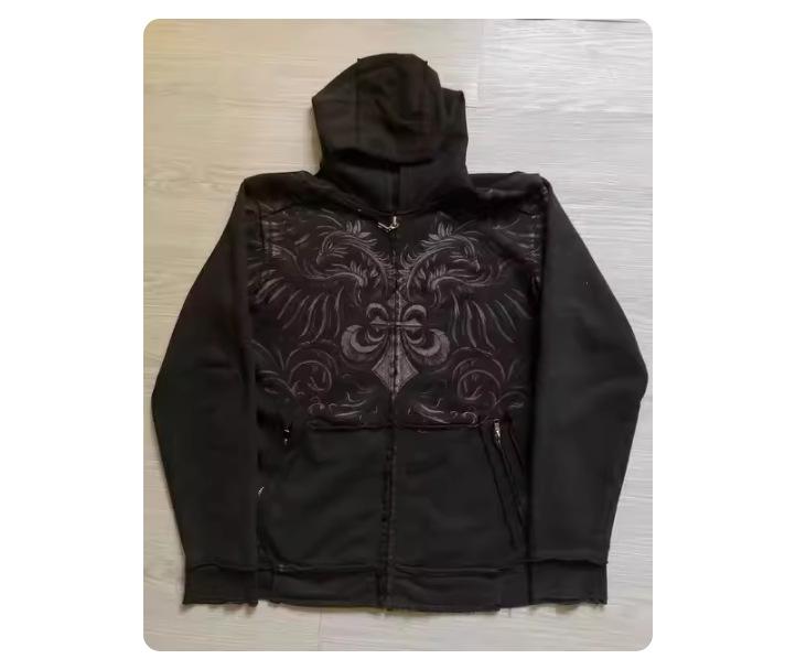 New Zipper Sweater Hoodie Bird Head Wings Cross Print Spring and Autumn Hooded Jacket