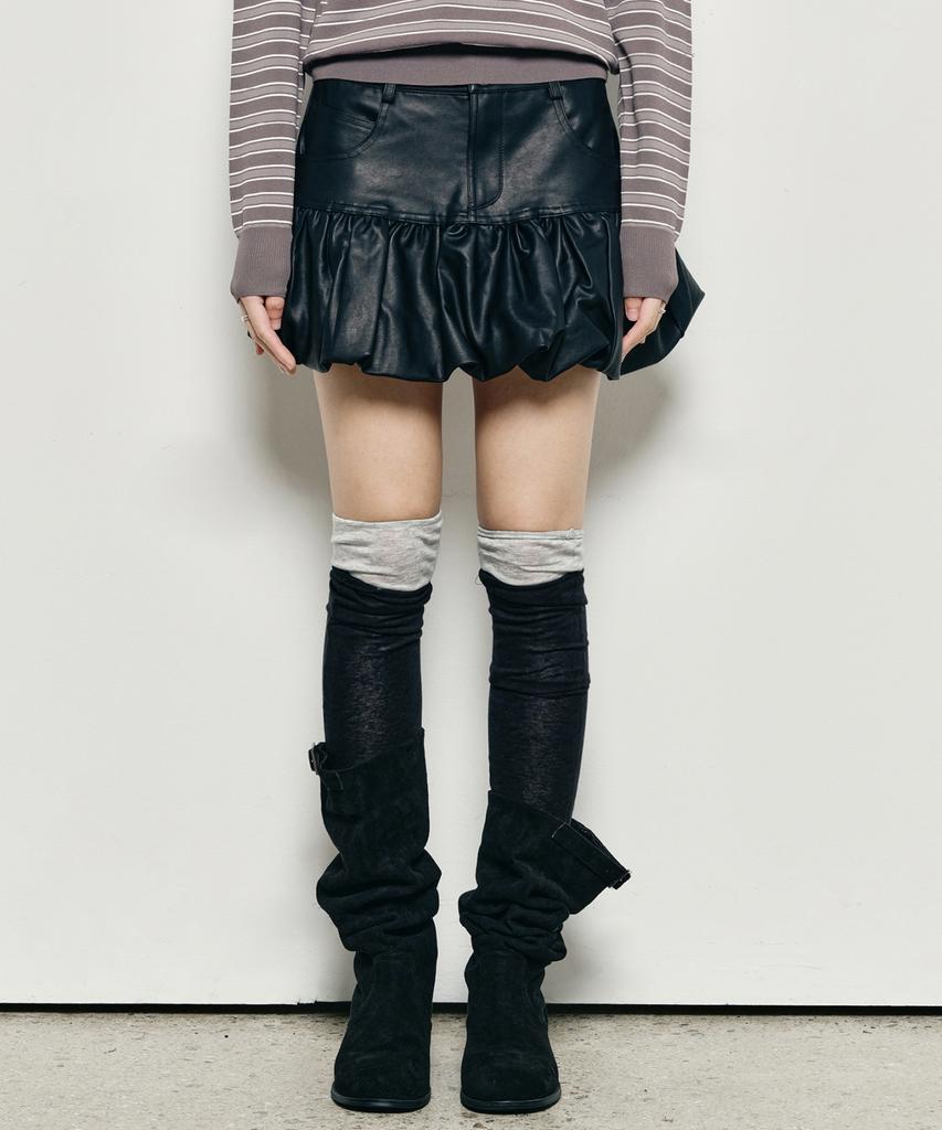 Nigaennikol Balloon Leather Mini Skirt_Black