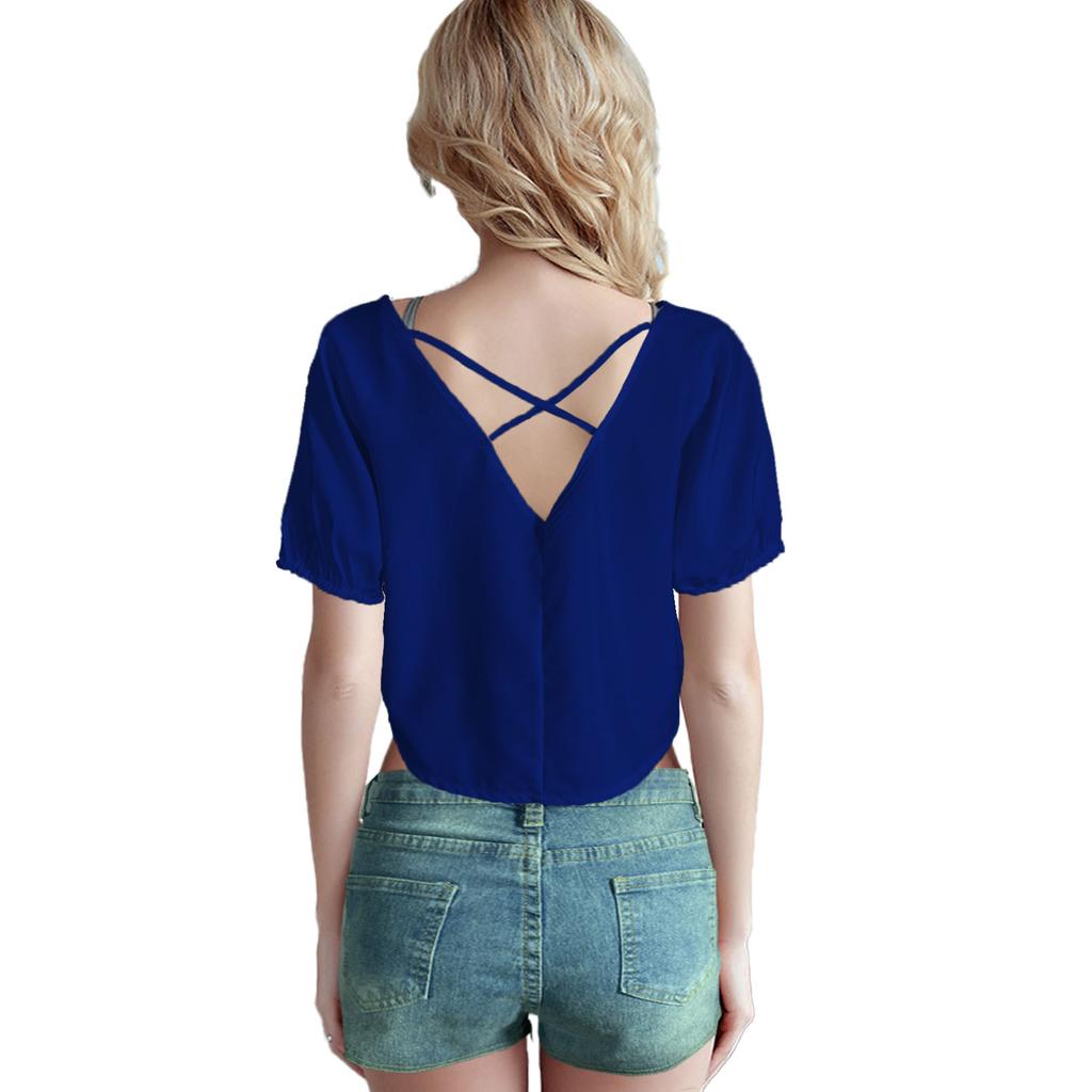 GMXIA Spring Summer Women's Solid-color Pullover V-back Casual Women's Top