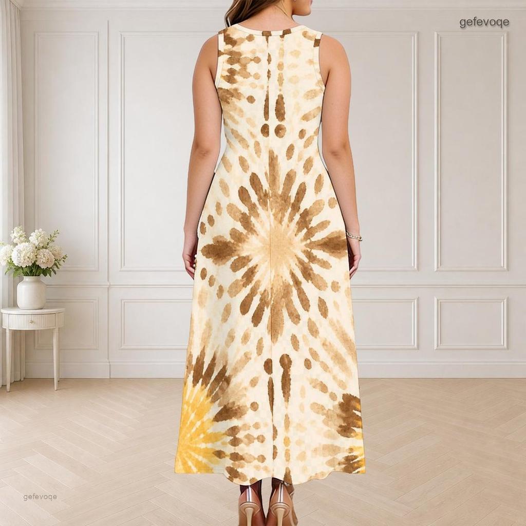 Women Plus Size Round Neck Triple Keyhole Sleeveless Printed Long Maxi Dress