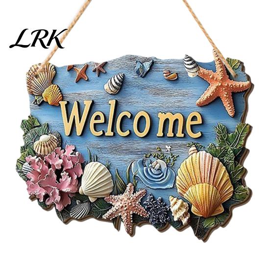 Decorative Shell Starfish Sign Summer Coastal Wooden Wreath, Ocean Welcome Sign, Nautical Easy to Hang Door Decor Front Hanger for Porch, Indoor,