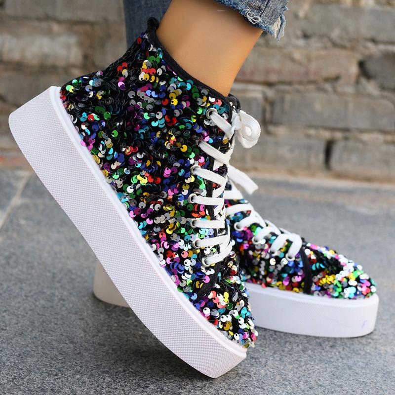 Fashion 2025 Outdoor High Top Women's Vulcanize Shoes Plus Size Women Sneakers Platform Comfortable Versatile Bling Lace Up Casual Shoes