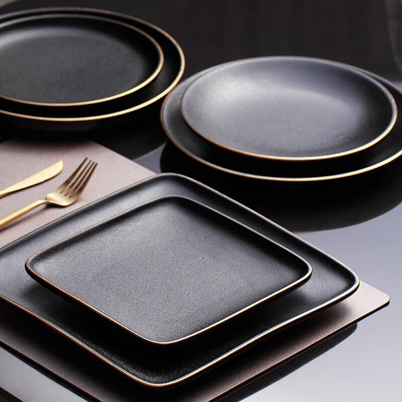 Black Matte Ceramic Flat Dinner Plate Set