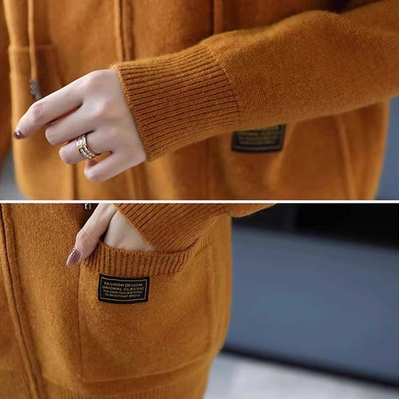 Cárdigan de Punto de Lana con Capucha de Color Sólido Otoño Mujeres Suéter de Manga Larga Holgado Cremallera Prendas de Punto Abrigo