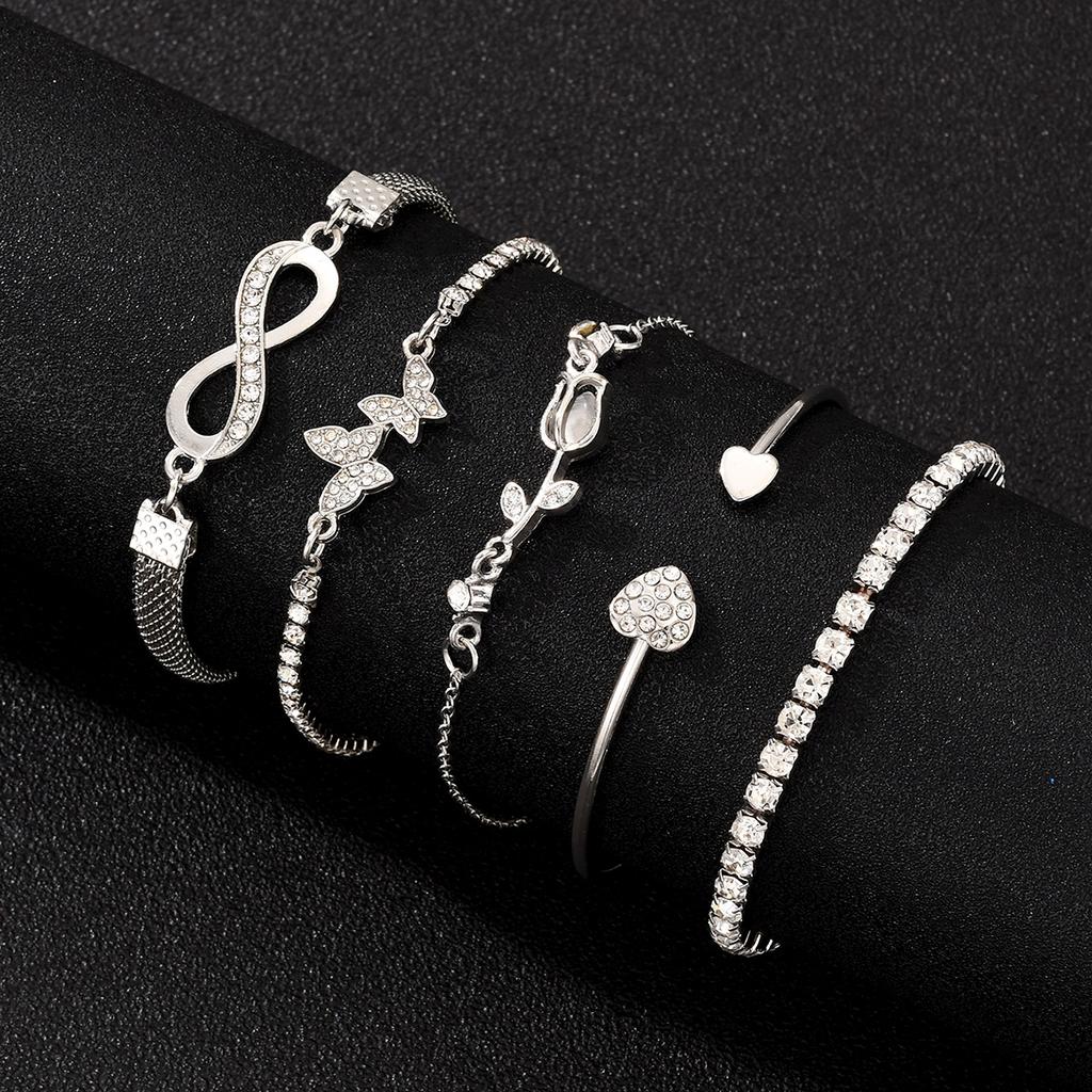 5Pcs Vintage Elegant Heart Butterfly Bracelets For Women Silver Color Rose Infinity Crystal Bracelets Sets Fashion Jewelry Gift