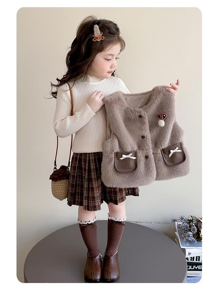Mädchen Modische 2025 Herbst/Winter Pelzweste & Strickpullover mit Plisseerock Set