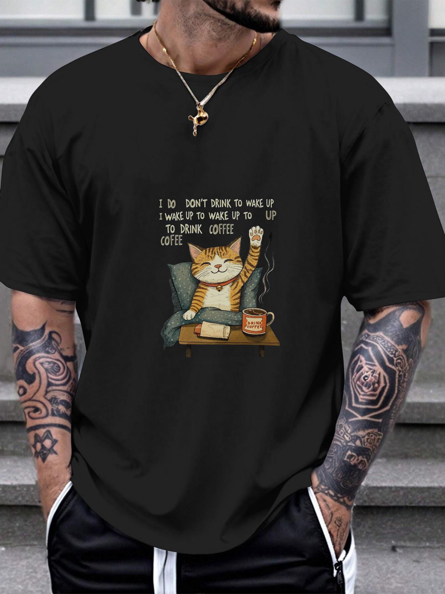 1pc smiling tabby cat coffee lover graphic T-shirt L