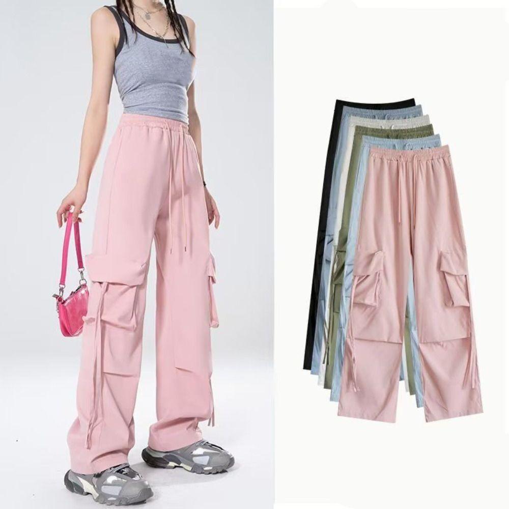 Drawstring Wide Leg Sweatpants Multi-pockets Women Joggers Trousers Baggy Cargo Pants  Sports