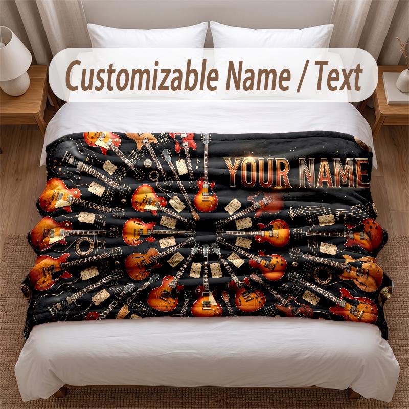 Music Guitar Theme Soft Blanket Personalized Custom Name Text Print Warm Blanket Home Sofa Bedroom Decor