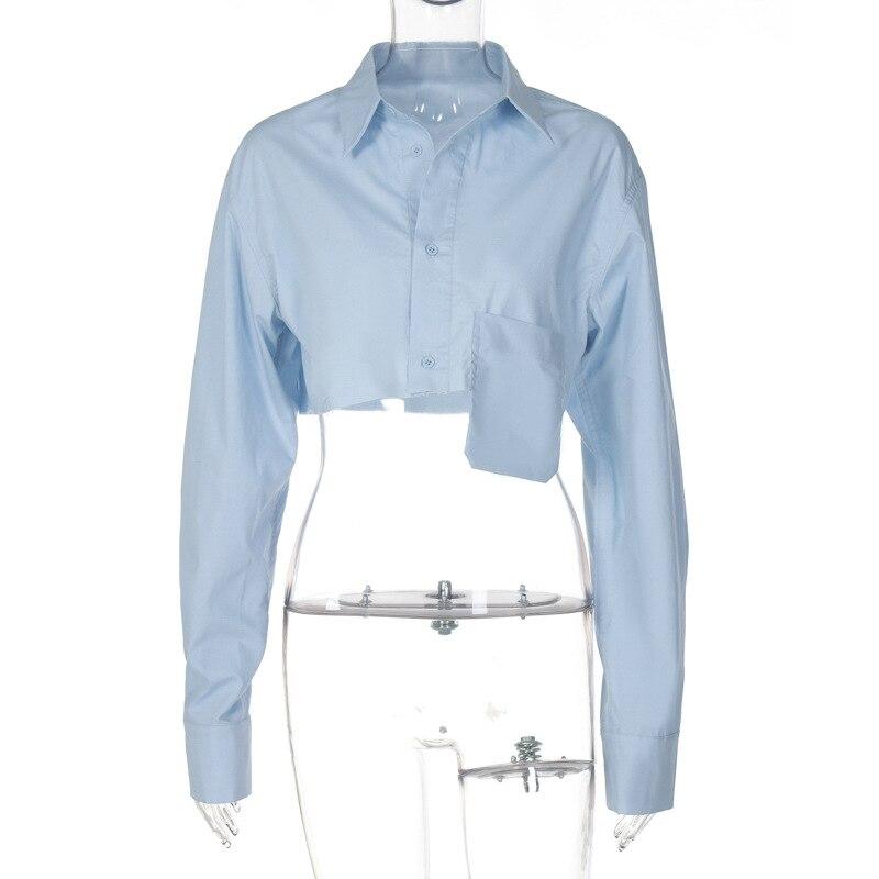 Autumn Fashion Chic White Women Blouse Sexy Lapel Long Sleeve Crop Shirts Lady Streettop Woman Blusas Clothing Pockets