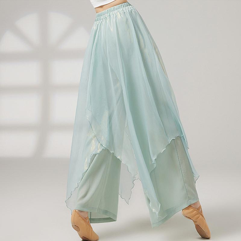 Classical Dance Dress Pants Women Double Layers Loose Trouser Practice Costume Spliced Shiny Chiffon Skirt Performance Dancewear