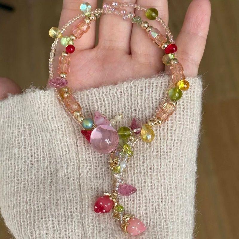 [Strawberry Wreath Pink Beaded Irregular Bubble Beaded Necklace New Spring and Summer Collarbone Chain Neck Chain
