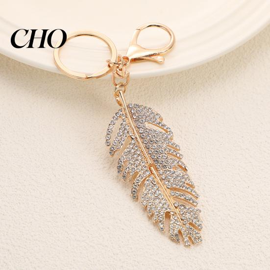 Rhinestones Inlay Keychain Pendant Inlaid Feather Shape Key Chain Hollow Glossy with Anti-Oxidation Lobster Clasp Backpack Bag Accessory Durable Metal