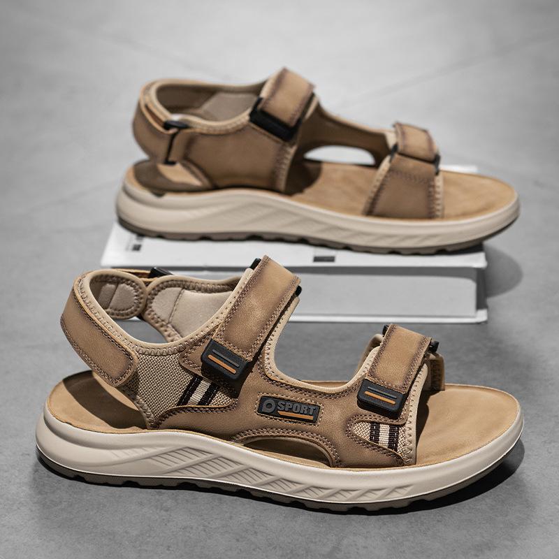 

Сандалии мужские кожаные летние новые мужские сандалии с открытым носком из кожи нескользящие и износостойкие сандалии из коровьей кожи мягкая подошва универсальные для вождения 40 песочный