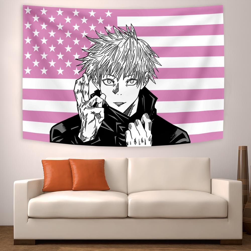 

90x150cm Pink American Flag Anime Decorating Wall Tapestry Home Bedroom Anime Spell Return Battle Living Room Bedroom Tapestry 74x94cm(29x37in)